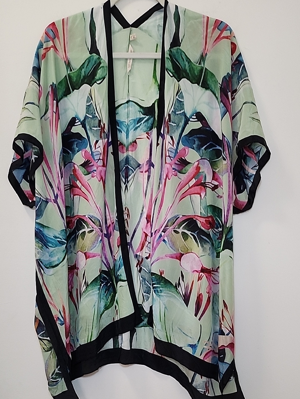 Soft Surroundings Emerald Isle silk topper tropical-themed open-front kimono S/M - Picture 8 of 16